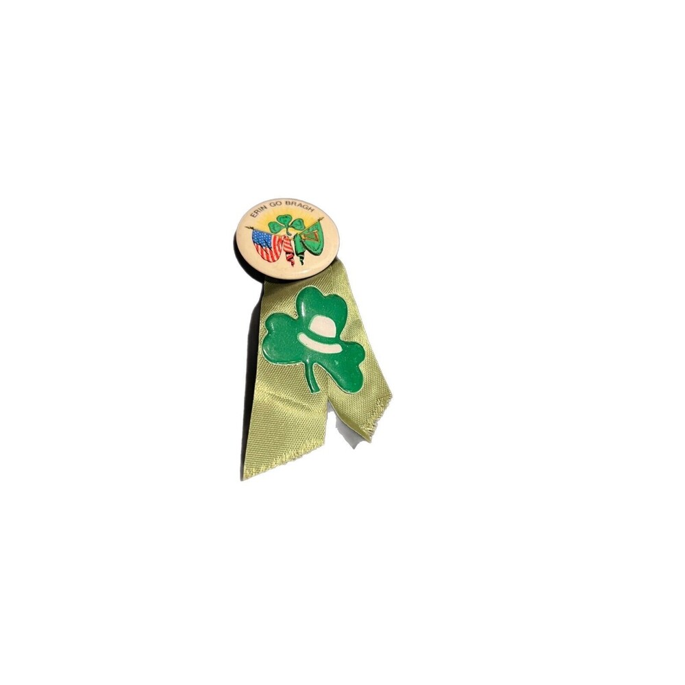 Vintage Erin Go Bragh Pinback Shamrock Two Flags and Ribbon with Leprechaun Hat